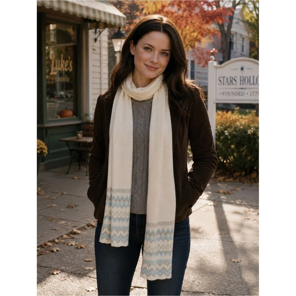 Chico's Fall Winter Scarf Ivory and Ice Blue Pattern 100% Rayon cozy soft NEW